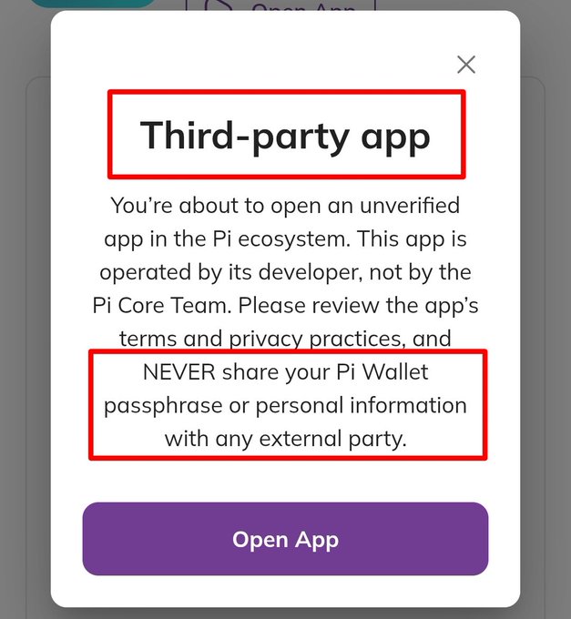 A Pi Network warning dialog notifies users they are about to open a "Third-party app," emphasizing in bold: "NEVER share your Pi Wallet passphrase or personal information with any external party," before prompting them with an "Open App" button.