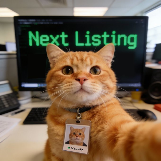 An orange tabby cat wearing an ID badge that says "POLONIEX" sits in front of a computer monitor displaying the green text "Next Listing" on a black screen.