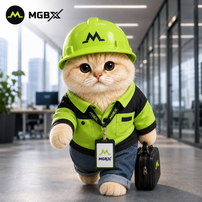 An adorable plush cat dressed in a green MGBX-branded hard hat, work shirt, and lanyard rolls a briefcase through a modern office corridor, embodying the "#GM clocking in" post as a cute mascot ready to start the workday.