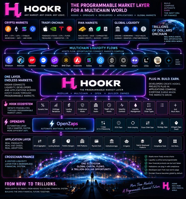 The image is a detailed infographic titled "THE PROGRAMMABLE MARKET LAYER FOR A MULTICHAIN WORLD" by HOOKR, outlining a four-layer architecture—Hook Ecosystem, OpenZaps, Application Layer, and Crosschain Finance—connecting crypto, on-chain, RWA, and global liquidity markets across chains like Ethereum, Arbitrum, Optimism, Base, Polygon, BNB Chain, Avalanche, Solana, Sui, Aptos, MANTLE, XDC, and Linea. It visually reinforces the post's vision by emphasizing multichain liquidity flows, modular composability, and the scalable network of hooks, developers, and applications powering a "trillion-dollar open financial future."