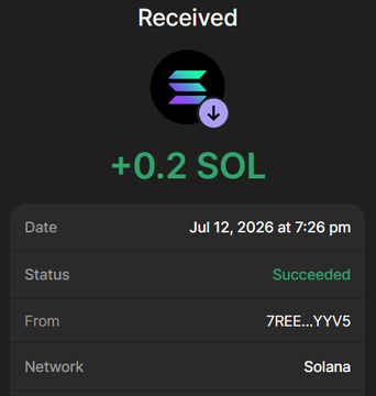 A confirmation screenshot showing a successful receipt of +0.2 SOL on the Solana network dated July 12, 2026, from address 7REE...YYV5, serving as proof of payment for the $BHOODIES presale promotion.