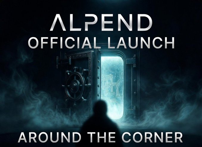 A promotional graphic for 'ALPEND' announcing an 'OFFICIAL LAUNCH' 'AROUND THE CORNER,' featuring a dark vault door opening to a glowing blue interior with a silhouetted figure.