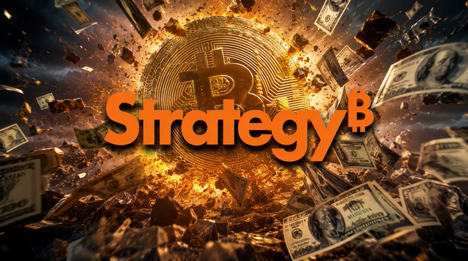 A dramatic graphic featuring the word 'Strategy' in bold orange text next to a Bitcoin logo, set against an exploding gold Bitcoin surrounded by flying US dollar bills.