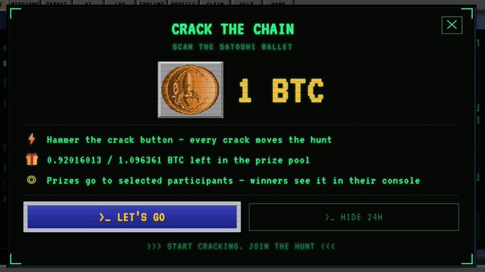 Screenshot of a 'CRACK THE CHAIN' interface offering 1 BTC prize, showing '0.92016013 / 1.096361 BTC left in the prize pool' with buttons for 'LET'S GO' and 'HIDE 24H'.