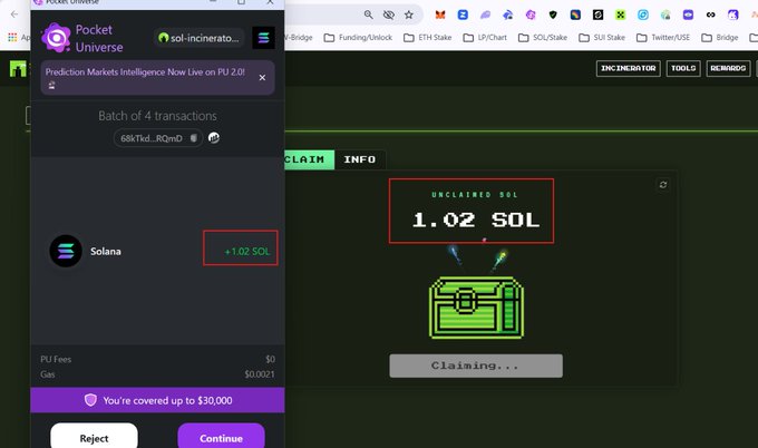 A screenshot showing a Pocket Universe security interface verifying a transaction of 1.02 SOL on the sol-incinerator.com platform, with the background displaying "UNCLAIMED SOL 1.02 SOL" being claimed, illustrating the process of reclaiming unused SOL locked in old token accounts as described in the accompanying post.