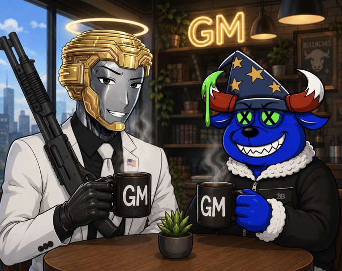 An animated image showing a silver robot character with a halo and gold helmet holding a shotgun, and a blue furry character wearing a wizard hat, both holding coffee mugs with "GM" printed on them, seated at a table with a "GM" neon sign in the background.