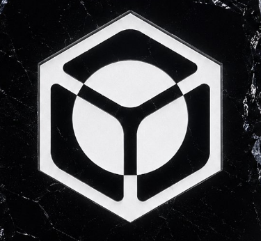 A hexagonal logo featuring a stylized cube or sphere design in white against a black marble-textured background.