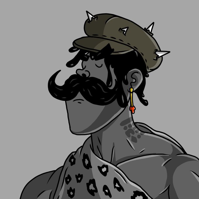A stylized illustration of a muscular character with a spiked cap, large mustache, earring, and leopard print garment on a gray background.