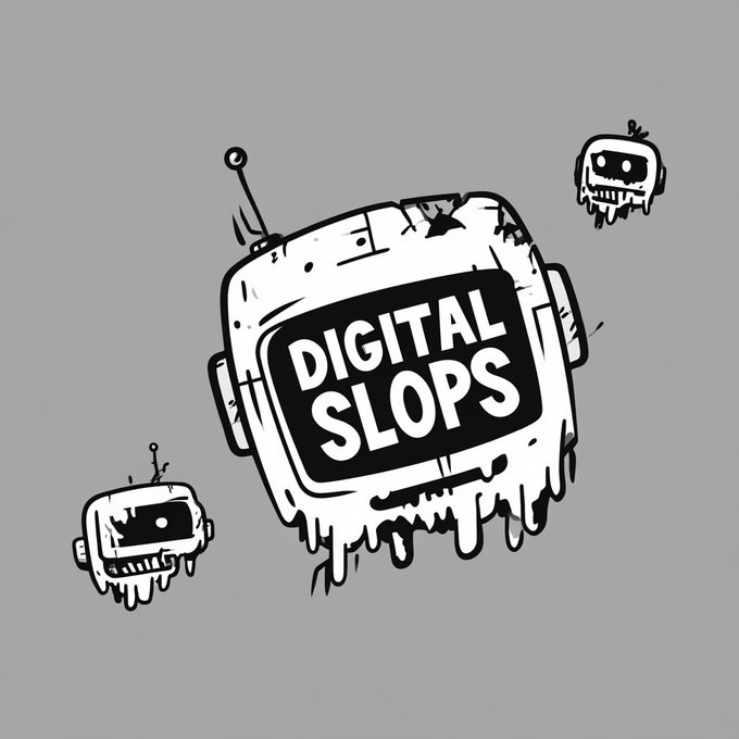 A black-and-white cartoon illustration shows a chunky, melting retro TV displaying the text "DIGITAL SLOPS" on its screen, accompanied by two smaller TV-headed figures dripping in slime—visually mocking low-quality digital content as referenced by the @digital_slops handle.