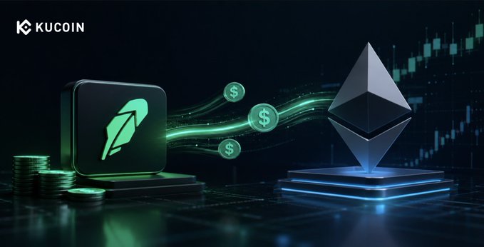 The image displays the KuCoin logo alongside two 3D-rendered cryptocurrency symbols—a green Robinhood feather logo on the left and the Ethereum diamond on the right—connected by flowing streams of dollar sign coins, visually illustrating the lucrative transaction fee flow between Robinhood Chain as a Layer 2 network and the Ethereum mainnet highlighted in the accompanying blog post.