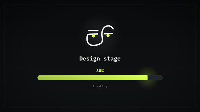 A loading screen with a dark background displaying 'Design stage' and 'loading' text, featuring a green progress bar filled to 88% with a stylized lightbulb-like logo.