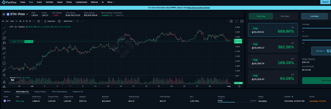A Pacifica.trade interface displays the ETH/USD trading pair on Binance with price at 1,875.62, showing a leverage selector and trade panel on the right side.