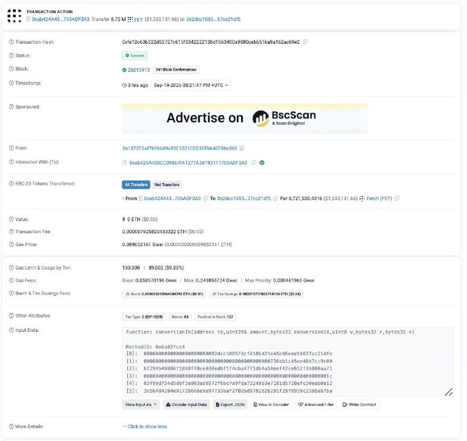 A BscScan transaction page shows a 'Separated' status transaction on BNB Smart Chain for transferring 8.72 M BEP-20 tokens (FET) with an 'Advertise on BscScan' banner.