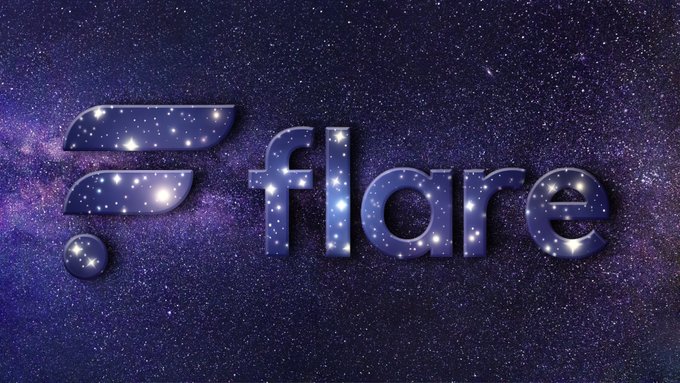 Flare blockchain logo displayed against a cosmic starry purple background, with the stylized 'F' logo and 'flare' text filled with galaxy imagery.
