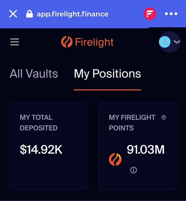 A mobile screenshot of the Firelight Finance app (app.firlaight.finance) showing "My Positions" with $14.92K total deposited and 91.03M Firelight Points.
