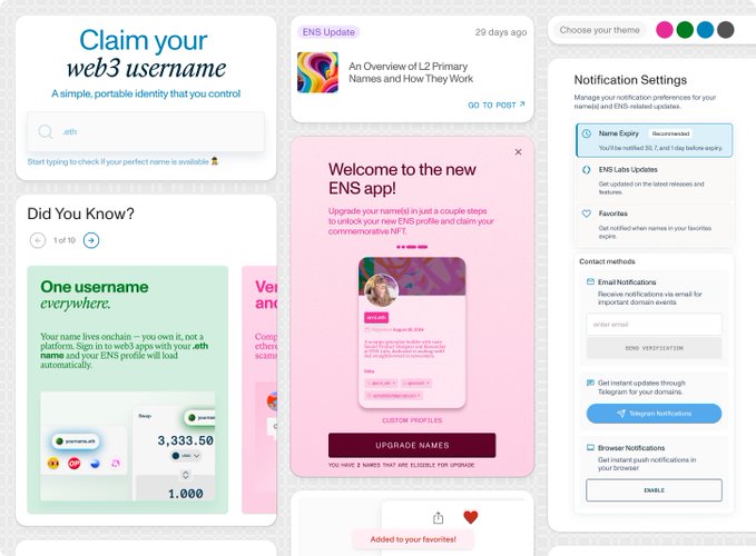 The image shows the upgraded ENS App interface with features like username claiming, profile themes, notification settings for name expiry and favorites, an "ENS Update" post about L2 primary names, and a welcome prompt to upgrade names like "stephanieb.eth" — illustrating the app's more cohesive experience with streamlined upgrades, customizable profiles, and enhanced user controls highlighted in the beta release.