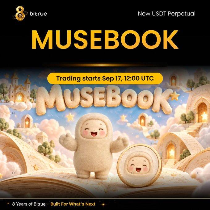The image is a promotional graphic for Bitrue announcing the new USDT perpetual listing of $MUSEBOOK, featuring a cute fluffy mascot character on an open storybook with a dreamy castle background, with text stating "Trading starts Sep 17, 12:00 UTC" and "8 Years of Bitrue - Built For What's Next" at the bottom.