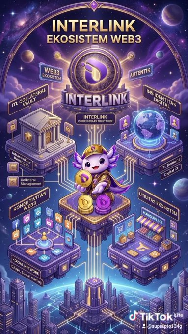 Promotional graphic for 'INTERLINK EKOSISTEM WEB3' featuring a purple mascot character and labeled components including Web3 Ecosystem, Autentik, IT Collateral Vault, INS Identity Digital, ITL Domain, MarketPlace, Social Network, and Connectivity Web3.