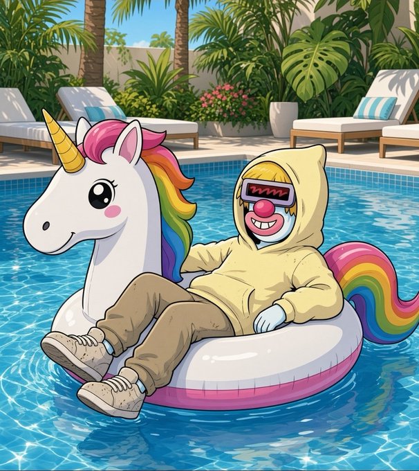 A colorful cartoon illustration of a clown-like character wearing a yellow hoodie and pink sunglasses floating on a rainbow-maned unicorn pool float in a tropical swimming pool.