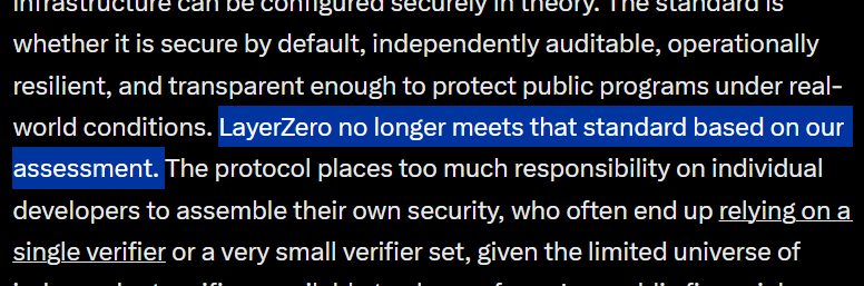 A screenshot of text discussing infrastructure security standards, with the sentence 'LayerZero no longer meets that standard based on our assessment' highlighted in blue.