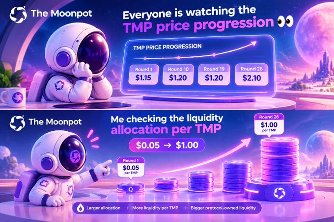 Two promotional graphics for 'The Moonpot' showing a cartoon astronaut character alongside charts displaying 'TMP PRICE PROGRESSION' and liquidity allocations.