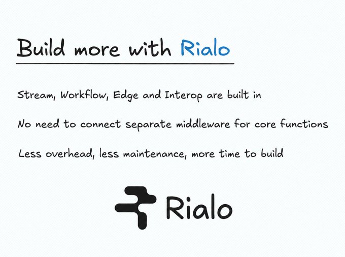 A handwritten-style promotional graphic for Rialo, headlined "Build more with Rialo" and listing benefits including built-in Stream, Workflow, Edge, and Interop features that eliminate the need for separate middleware, resulting in less overhead and maintenance. The image visually reinforces the accompanying post's message about the burdens Web3 developers face from integrating separate services like oracles, bridges, and automation tools—presenting Rialo as an all-in-one solution to that fragmentation problem.