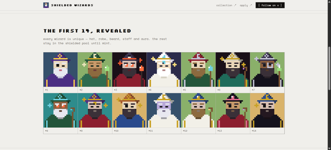 A website screenshot for "SHIELDED WIZIRDS" titled "THE FIRST 1%, REVEALED," displaying a grid of pixel-art wizard characters numbered #1 through #14, each with unique hats, robes, and staffs.