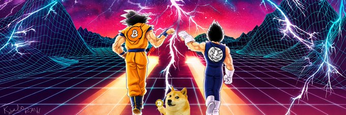A vibrant retro-synthwave style illustration depicting Goku and Vegeta running away from the viewer toward a glowing horizon with lightning strikes, accompanied by a small Shiba Inu dog.