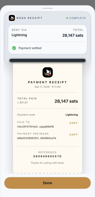 A mobile screenshot of the Noah Wallet displaying a completed Lightning payment receipt for 28,147 sats (~$21.87) sent to lnbc281470nlp4...ugq88afl6 on September 11, 2026, confirming "Payment settled." The receipt details, including the payment route, payment preimage, and reference number, visually corroborate the post about successfully making a Lightning payment upon reopening the wallet.