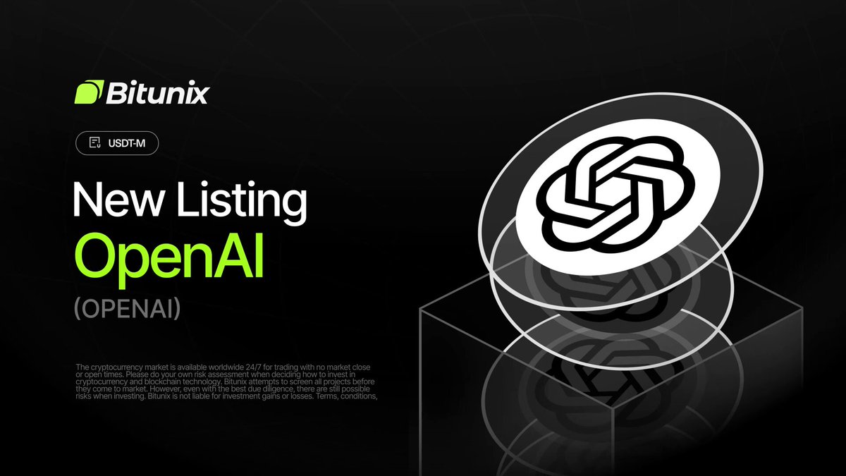 The image features a black background with white text that reads "New Listing Open AI (OPENAI)". The text is centered, making it easy to read. Below this, there's an illustration of a coin design with a circle on top surrounded by lines. This design is placed in the bottom right corner of the image. The main focus of the image is the text and the coin design, which are both white against the black background.