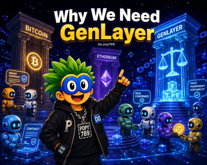 A promotional graphic titled 'Why We Need GenLayer (by pop789)' featuring a green-haired cartoon character with 'POPY 789' tag, surrounded by AI robots and pillars labeled BITCOIN, ETHEREUM, and GENLAYER, highlighting smart contracts and trust transparency.