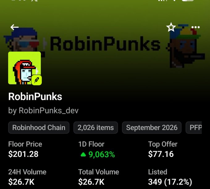 An NFT marketplace page for 'RobinPunks' by RobinPunks_dev on Robinhood Chain, showing a floor price of $201.28 and a 9,063% 1D floor increase.