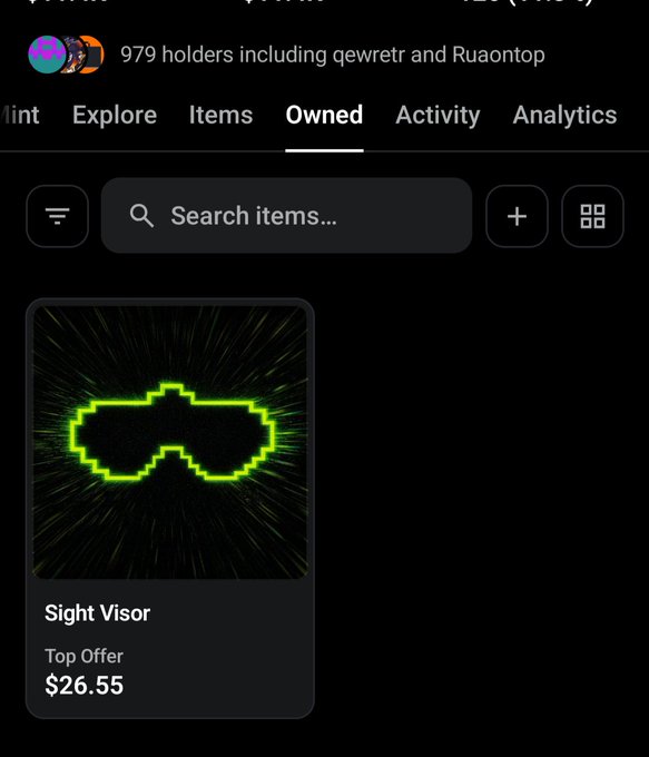 A mobile screenshot of an NFT marketplace interface showing an 'Owned' tab with a digital art piece titled 'Sight Visor' listed as a 'Top Offer' for $26.55, noting 979 holders including gewretr and Ruaontop.