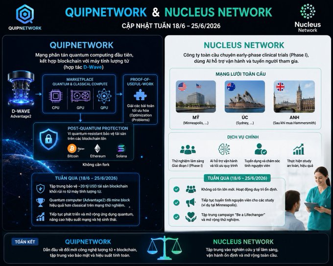 The image is a weekly update infographic (18/6 – 25/6/2026) for **QUIPNETWORK** and **NUCLEUS NETWORK**, highlighting QUIP's D-Wave Advantage2 quantum computing integration for blockchain, PoUW optimization problems, and post-quantum protection from threats like Bitcoin, Ethereum, and Solana, while NUCLEUS focuses on early-phase clinical AI trials in the US, Australia, and UK (Hammersmith) with active patient recruitment. The accompanying post about @quipnetwork and @NucleusCodes aligns with the infographic's focus on QUIP's quantum blockchain advancements and PoUW bounty continuation.