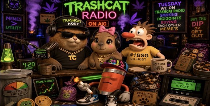 A colorful, neon-lit illustration of 'TRASHCAT RADIO ON AI G' featuring a cat wearing a 'TRASHCAT HOST' cap with sunglasses, a smaller cat with a pink bow, and a cartoon co-host character, surrounded by meme-related items like bongs, a meter, and signs reading 'BUY THE DIP OR GET OUT' and 'MEMES > UTILITY'.