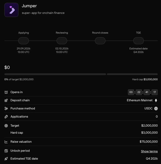 A dark-themed dashboard for the 'Jumper' super-app for onchain finance showing an upcoming token sale with target $2,000,000, hard cap $3,000,000, raise valuation $75,000,000, and estimated TGE in Q4 2026.