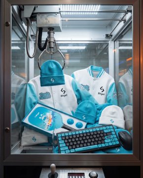 A claw machine filled with teal and white branded merchandise including hoodies, t-shirts, caps, a keyboard, and a mouse, all featuring a stylized 'S' logo.
