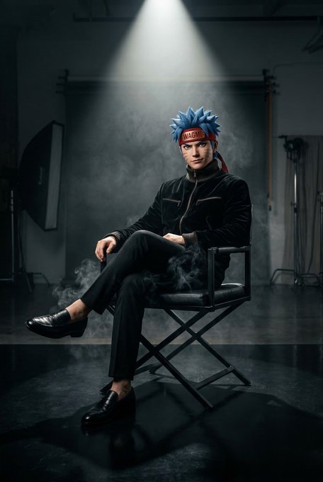 A man with blue spiky hair wearing a red "WARNING" headband and black outfit sits in a director's chair under a spotlight, holding a smoking gun, styled after an anime character.