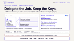 A Terinix webpage promoting delegation services with the headline "Delegate the Job. Keep the Keys." alongside an XRP Ledger countdown showing 445 minutes until Permission Delegation activation, directly aligning with the post's announcement.