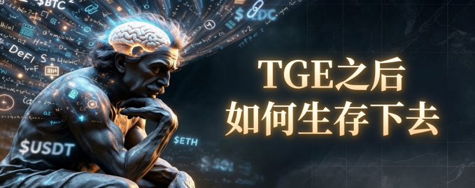 An AI-generated artwork showing a thoughtful bronze statue figure with a glowing brain, surrounded by floating cryptocurrency symbols like BTC, ETH, and $USDT, alongside the Chinese text 'TGE之后如何生存下去' (How to survive after TGE).