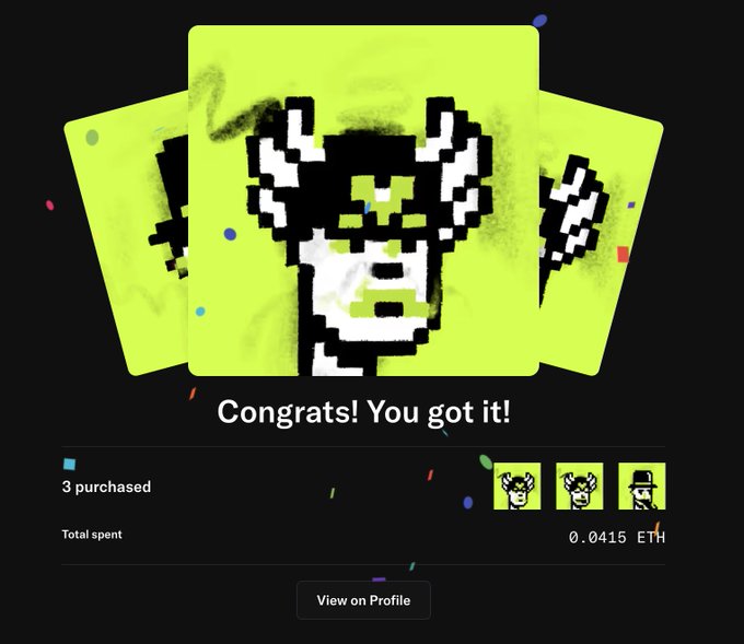 A celebratory NFT purchase screen showing 'Congrats! You got it!' with three pixel-art character cards, indicating 3 purchased for a total of 0.0415 ETH.