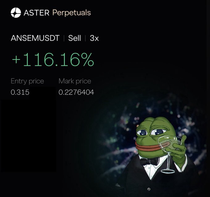A screenshot from Aster Perpetuals showing a winning short position on ANSEMUSDT at 3x leverage with a +116.16% gain, accompanied by a Pepe the Frog meme dressed as a fancy gentleman sipping a martini—capturing the conflicted feeling of celebrating profits on a platform the trader finds unpleasant, much like a regrettable one-night stand.