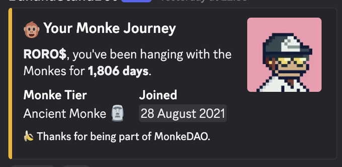 A screenshot of a 'Your Monke Journey' profile showing 'Ancient Monke' tier, noting that the user RORO$ has been part of the MonkeDAO since joining on 28 August 2021, which is 1,806 days ago.