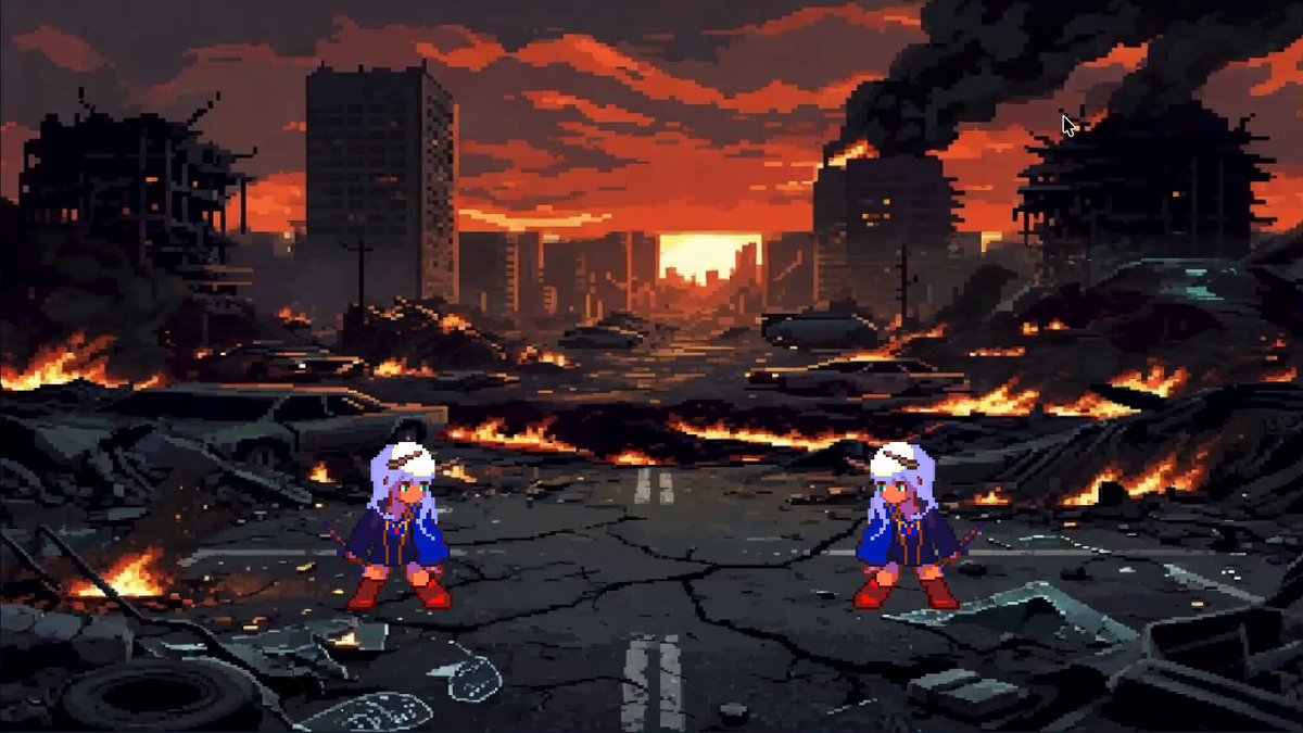 The image shows two characters standing in a cityscape filled with rubble and destruction. The sky above them is dark and cloudy, creating a sense of chaos and danger. There are several buildings scattered throughout the scene, some of which have been reduced to rubble by fires or explosions. The characters appear to be engaged in combat, as they face off against each other amidst this chaotic environment.