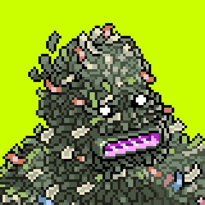 Pixel art depicting a large mound of garbage piled up against a bright green background, with various pieces of trash and debris visible in the pile.