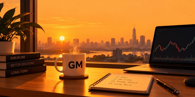 A sunset desk scene features a steaming "GM" mug, books labeled "DISCIPLINE", "BETTER DECISIONS", "LONG TERM", and a laptop displaying a stock chart against a city skyline.