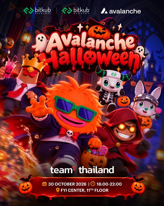 A Halloween-themed event poster for 'Avalanche Halloween' sponsored by Bitkub and Avalanche, featuring mascots in costumes, dated 30 October 2026 at FYI Center, Bangkok, for team Thailand.