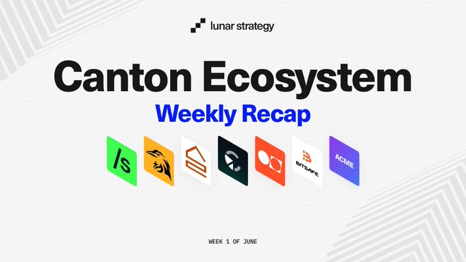 The image shows a white background with black text that reads "Weekly Recap" at the top of the screen. Below this, there are six different logos displayed in various colors - green, orange, purple, yellow, blue, and red. The logos represent different companies or projects related to the Canton ecosystem.