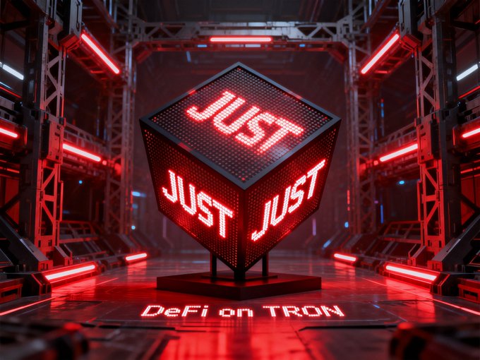 A red-lit futuristic chamber contains a black LED cube displaying the word “JUST” in bright white-red letters; floor text appears to read “DeFi on TRON.”