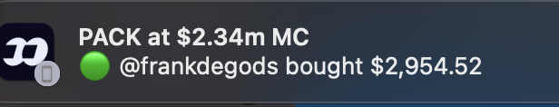 The image shows a notification that "@frankdegods bought $2,954.52 worth of the PACK token at a $2.34m market cap, representing the influencer's entry into what the post celebrates as "the wolf pack."